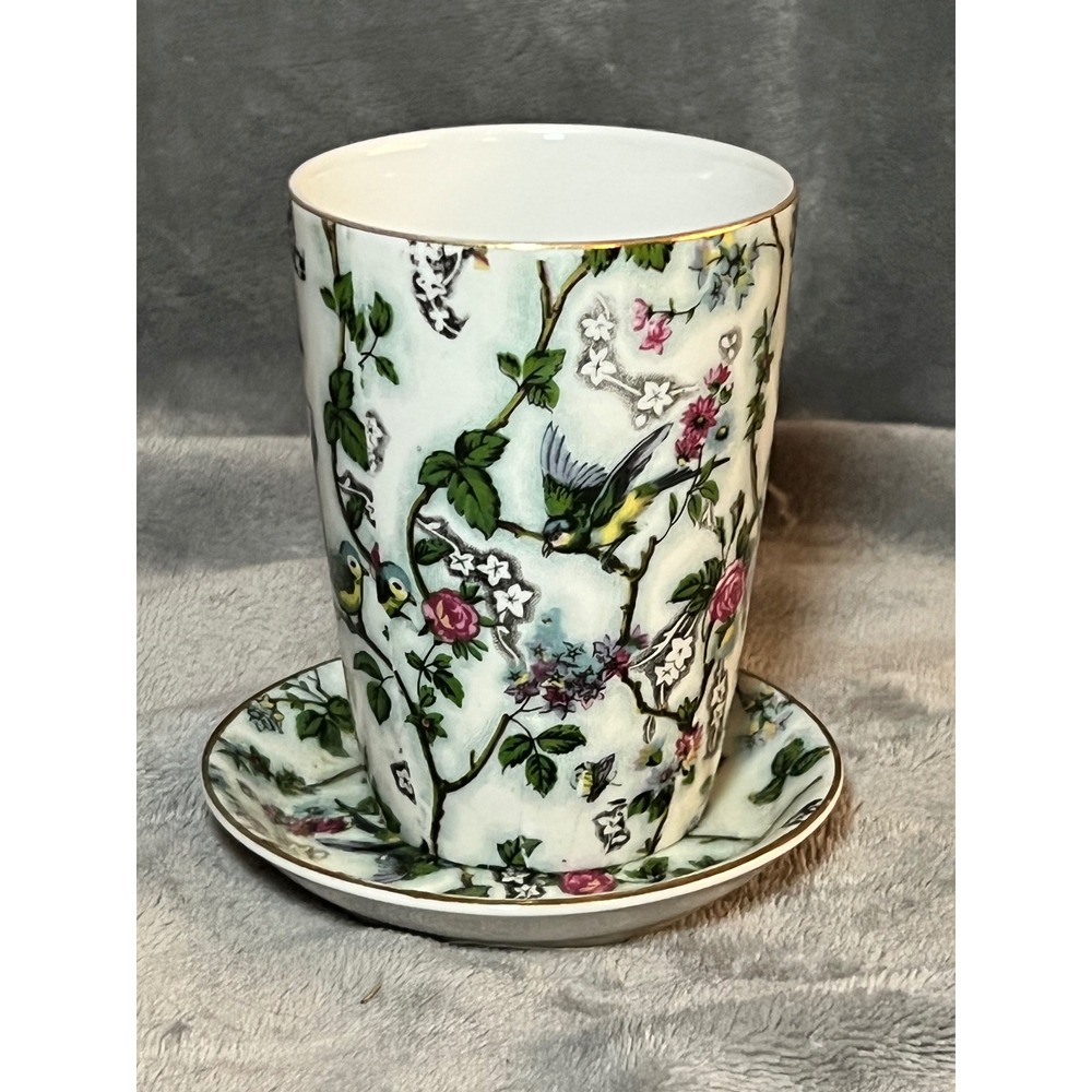 Vintage Andrea Sadek Lelle Japan Bird Floral Water Cup w Saucer 4"
